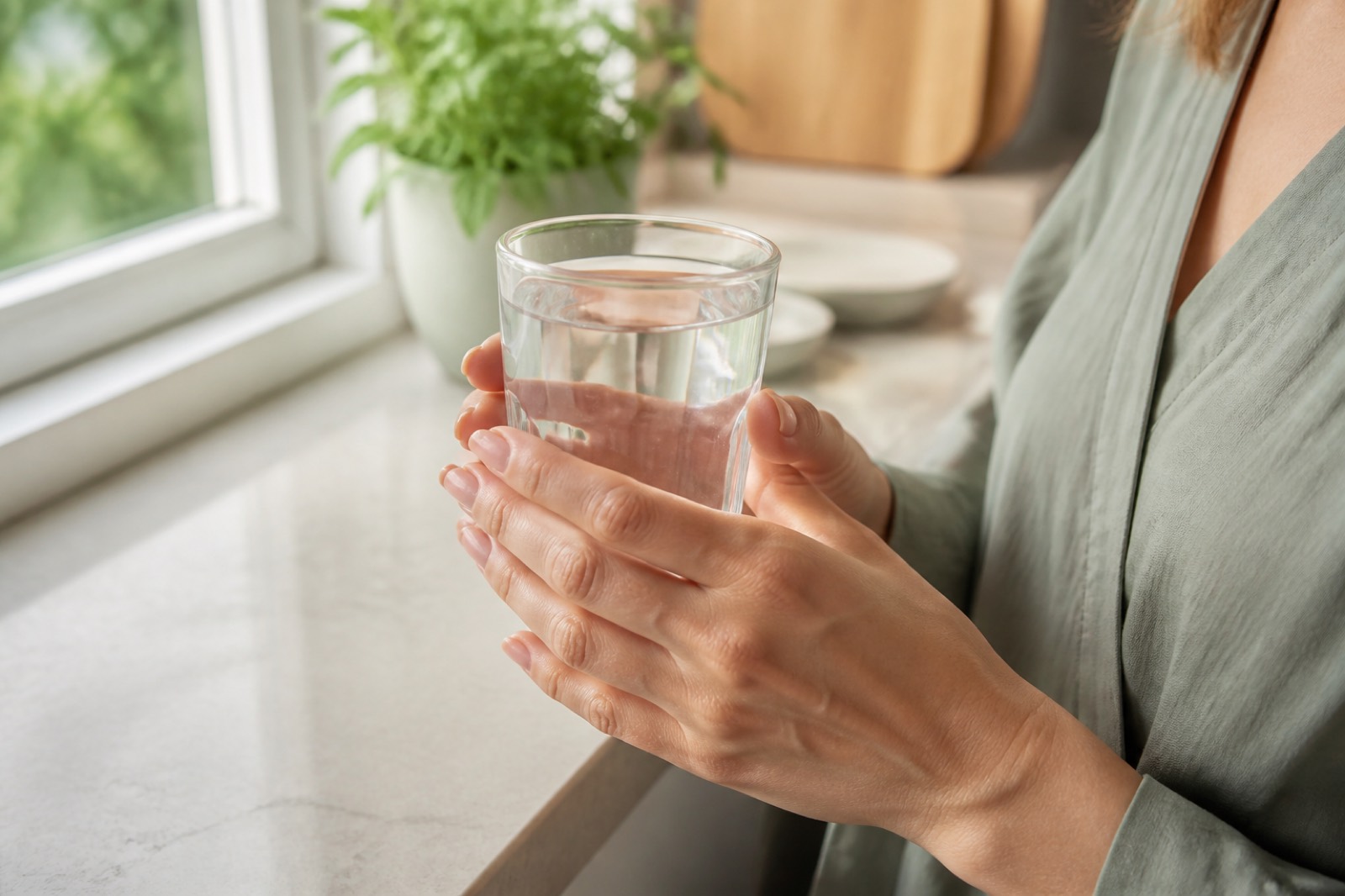 Mani che tengono un bicchiere d’acqua