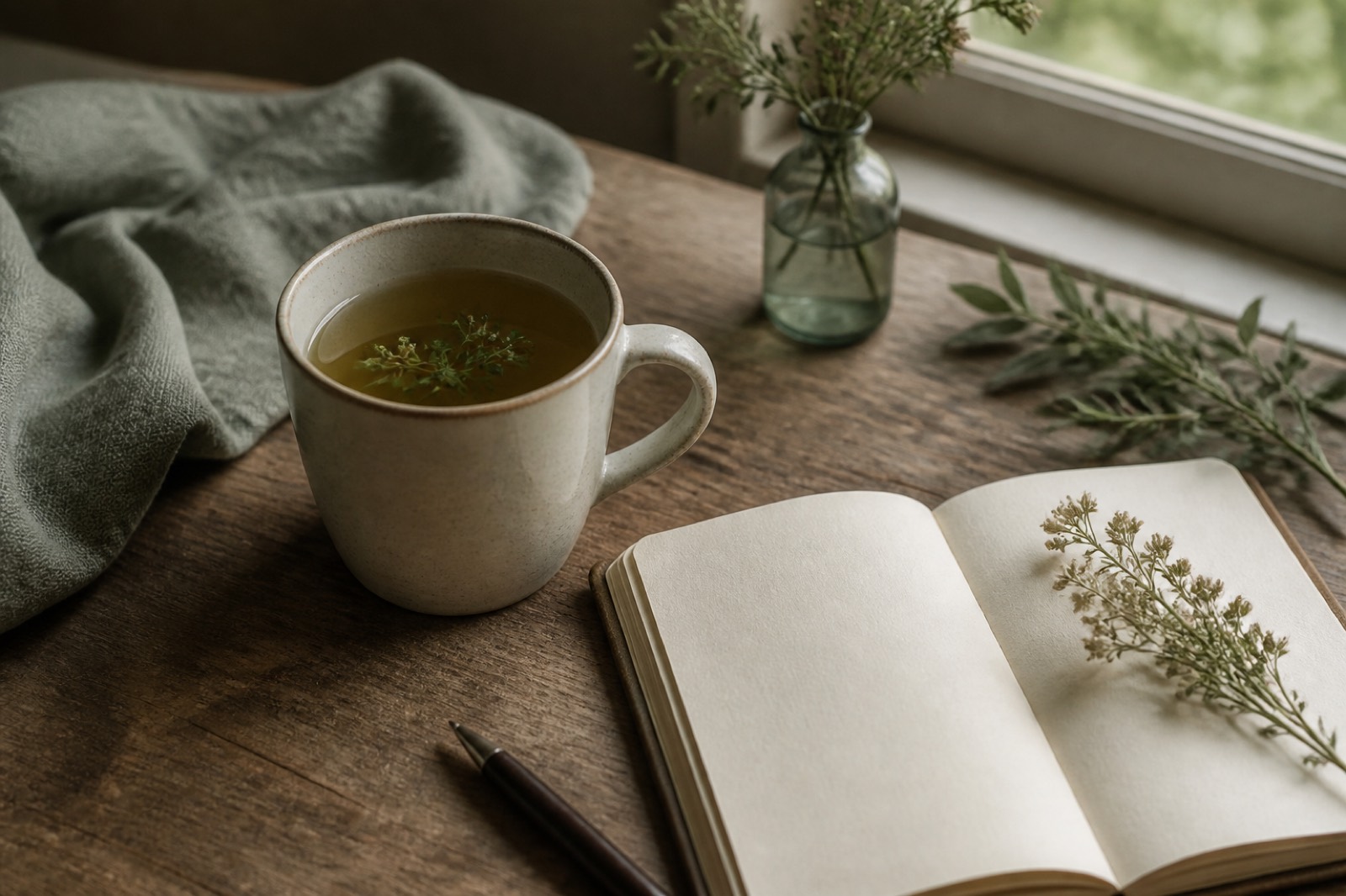 Tazza e taccuino vicino a una finestra